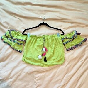 Red Carter Lime Green Off-Shoulder Crop Top with Pom Tassels